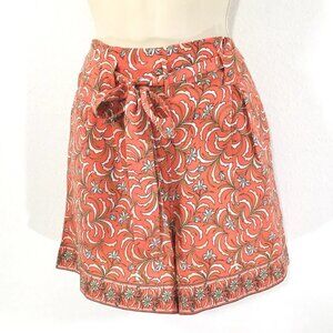 Max Studio Women’s Sz M Belted Floral Shorts Border Print w/ Pockets Coral